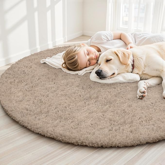 Beige Round Fluffy Rug 6ft,Soft Bedroom Circle Rugs Mats for Kids Girls Nursery Room,Washable Plush Shaggy Indoor Non Slip Rug for Bedside Living Room Bedroom Circular Carpet,Home Decor Aesthetic