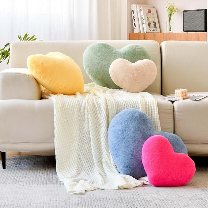 XVTRU Sage Green Heart Pillows, Cute Heart Decorative Pillow, Heart Shaped Throw Pillows for Bed, Faux Rabbit Fur Plush Hoom Decor Pillow Cushion for Chair Sofa Living Room (Mini 12.9" x 9.8")