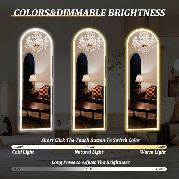 LED Arched Full Length Mirror with Lights 63"x20" - Lighted Floor Mirror with Dimming & 3 Color Lighting, Aluminum Frame Standing Leaning or Hanging for Bedroom Cloakroom White