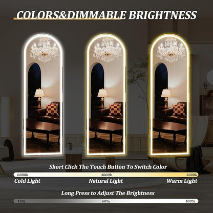 LED Arched Full Length Mirror with Lights 63"x20" - Lighted Floor Mirror with Dimming & 3 Color Lighting, Aluminum Frame Standing Leaning or Hanging for Bedroom Cloakroom White