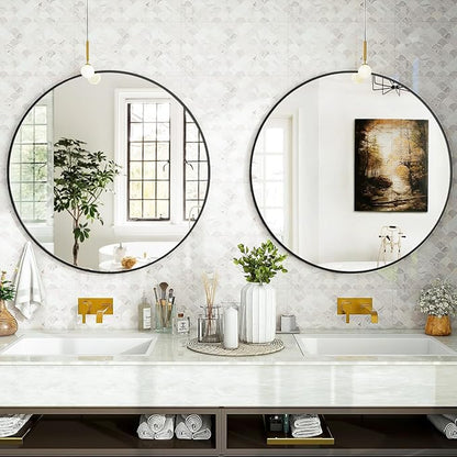 VooBang Black Round Bathroom Mirror, 24 inch Circle Wall Mounted Hanging Mirror with Simple Modern Circular Metal Frame for Hallway, Entryway, Living Room, Black Frame