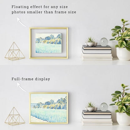 Frametory, Floating Picture Frames Set - Gold Metal Photo Frames - Real Glass - Displays One 11x14, Two 8x10, And Four 5x7 Inch Photos for Home Decoration