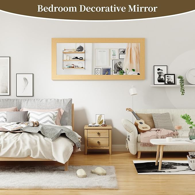 Syndra Modern Full Length Mirror Wood Frame, 65x24'' Large Floor Mirror with HD Tempered Glass & Wall Mount Option, Rectangular Standing Mirror for Bedroom, Living Room, Entryway, Farmhouse(Natural)