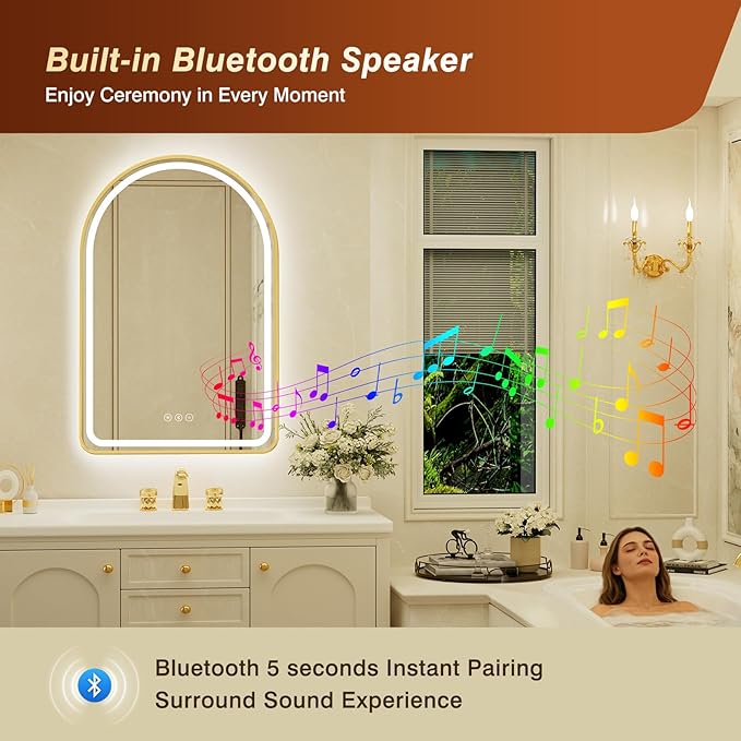 26x40 Inch Arched Gold Framed LED Bathroom Mirror with Lights, Built-in Bluetooth Speaker,Tempered Glass,Dimmable Lighted Bathroom Vanity Mirror with 3 Colors, Backlit + Frontlit, Memory, Anti-Fog