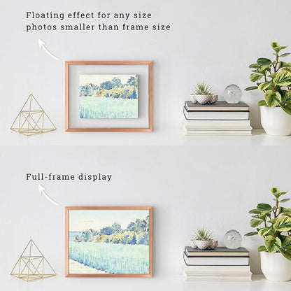 Frametory, Floating Picture Frames Set - Rose Gold Metal Photo Frames - Real Glass - Display One 11x14, Two 8x10, and Four 5x7 Inch Photos for Home Decoration