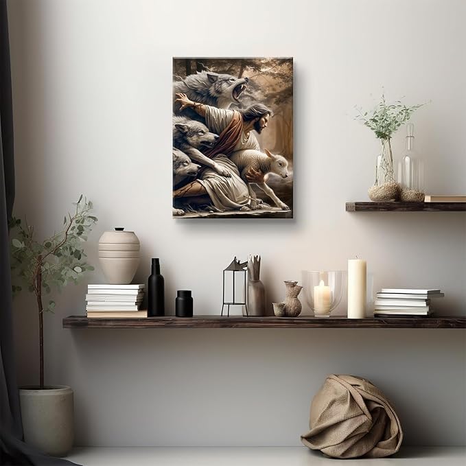 Jesus and Lamb Canvas Wall Art Jesus Saves The Lost Lamb Picture Wall Decor God Protect A sheep From Wolves Painting Print Christian Poster Artwork for Living Room Bedroom Church（24x36in Canvas）