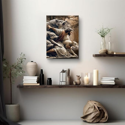 Jesus and Lamb Canvas Wall Art Jesus Saves the Lost Lamb Picture Wall Decor God Protect a Sheep from Wolves Painting Print Christian Poster Artwork for Living Room Bedroom Church (12x16in Canvas)