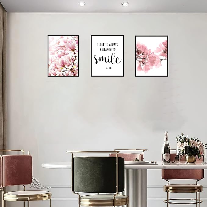 Framed Scandinavian Flower Canvas Poster Pink Magnolia Floral Print Painting Nordic Smile Quote Art Wall Pictures for Living Room Office Bedroom Home Decor -3 Pack (12 X 16Inch)