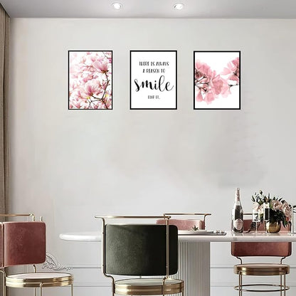 Framed Scandinavian Flower Canvas Poster Pink Magnolia Floral Print Painting Nordic Smile Quote Art Wall Pictures for Living Room Office Bedroom Home Decor -3 Pack (12 X 16Inch)