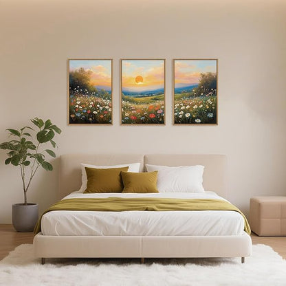 HOURIA Watercolor Spring Floral Meadow Landscape Framed Canvas Wall Art Set,Boho Vibrant Colorful Wildflower Decor,Modern Sunset Nature Inspired Scenery Artwork for Living Room,Bedroom,Farmhouse-24"x36"x3
