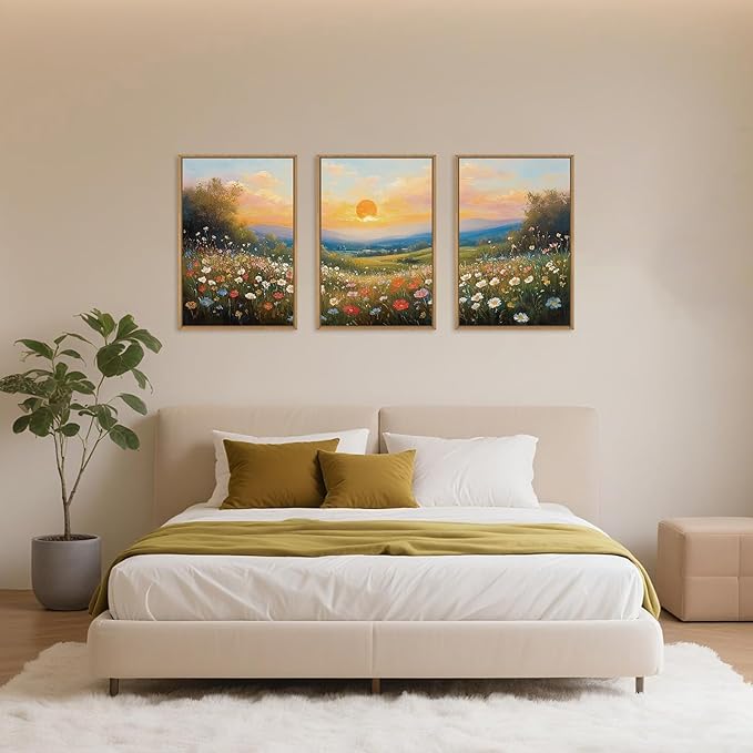 HOURIA Watercolor Spring Floral Meadow Landscape Framed Canvas Wall Art Set,Boho Vibrant Colorful Wildflower Decor,Modern Sunset Nature Inspired Scenery Artwork for Living Room,Bedroom,Farmhouse-16"x24"x3
