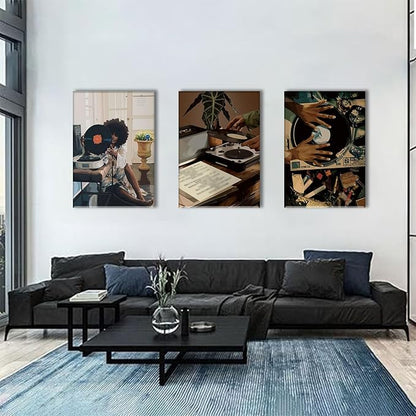 AOYUSMO 3 Piece Black Girl Wall Art African American Wall Decor Black Woman Canvas Art Fashion Music Pictures Dj Studio Paintings Trendy Artwork For Living Room Bedroom