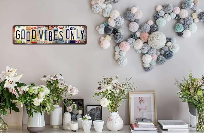 Good Vibes Only Rustic Metal Tin Sign - Vintage Inspirational Wall Art for Home, Office, Yoga Room, Farmhouse Décor - 4x16 Inch