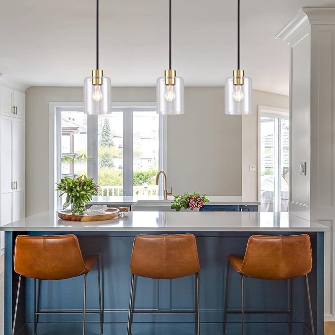 Modern 3 Pack Black Gold Pendant Lights for Kitchen Island, Brushed Brass Modern Hanging Light with Clear Glass Shade, Adjustable Metal Rod Pendant Lighting for Dining Room, Living Room, Bar, Entryway
