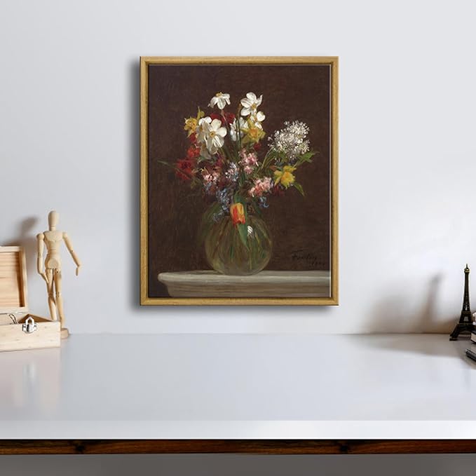 Pyradecor Framed Canvas Wall Art Vintage Decor Flowers in Vase Canvas Prints Classical Floral Painting Artwork Farmhouse Wall Decor for Living Room Decorations