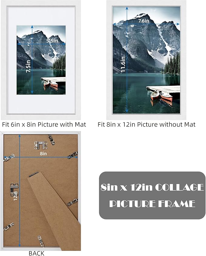 Hongkee 8x12 White Picture Frames set of 3, Made of Wooden and Glass Photo frame - Displays 6x8 Picture with Mat or 8 x 12 Poster without Mat, Desktop & Wall Collage Frame set