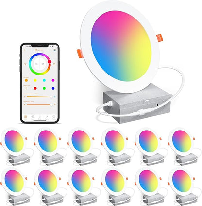 SikSog Smart Recessed Lighting 6 Inch RGBCW Color Changing 16W LED Downlight with Junction Box,1350 Lumen Recessed Ceiling Light Compatible with Alexa,Dimmable by Bluetooth Control -12Pack