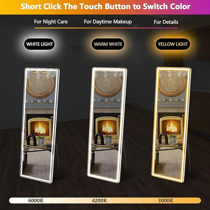 Sweetcrispy Full Length Mirror with LED Lights, 71.3"x26.5" Lighted Full Body Floor Mirror with Dimming & 3 Color Lighting, Stand for Bedroom, Dressing Room, White