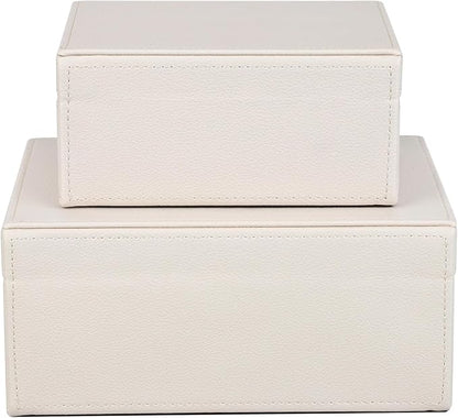 HofferRuffer Faux Leather Jewelry Boxes, Decorative Boxes Storage Accessory Organizer with Gold Hardware Decor, Classic Vegan Leather Set of 2 Pieces (CreamWhite)