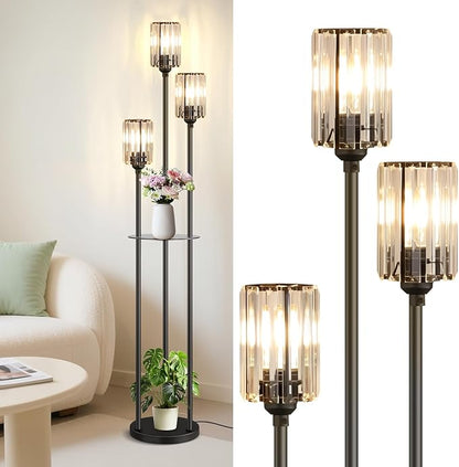 Crystal Floor Lamp for Living Room with Shelves, Industrial Modern Standing Black Lamp with Table for Bedroom, Glass Vintage Unique Tall 3-Lights Fancy Lamp with ON/Off Foot Switch