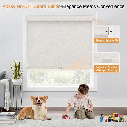 AOSKY No Drill Cordless Blackout Roller Shades with Valance,Customize Blinds for Indoor Windows,Room Darkening Window Shades Pull Down with Free-Stop Spring System, UV Protection for Home Linen Cream
