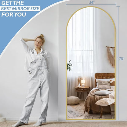 76"X34" Large Floor Mirror Full Length, Gold Arched Full Length Mirror with Stand, Hanging or Leaning Standing Full Body Mirror for Bedroom Living Room Gym, Tempered Glass