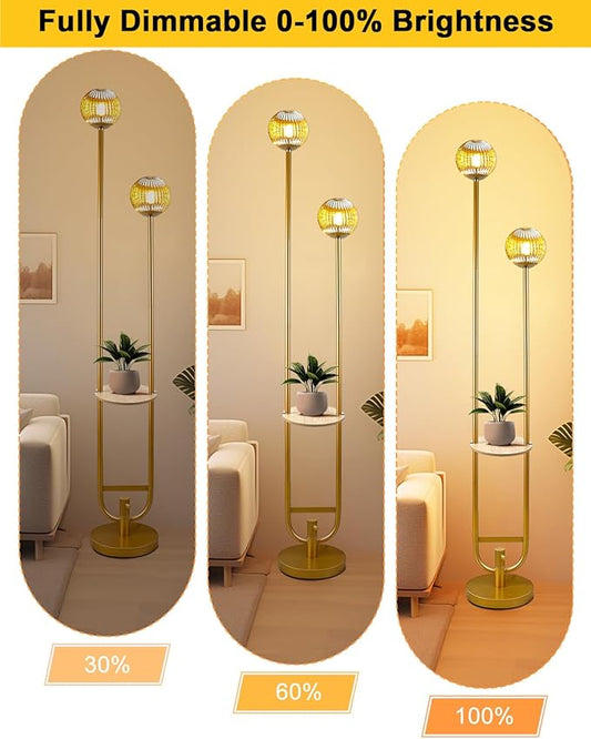 Glass Floor Lamp with Tray, Gold Dimmable Globe Floor Lamp for Wedding/Party, 2Pcs 3000K Soft Warm White Bulbs Included, Mid Century Modern Standing Lamps for Living Room Bedroom