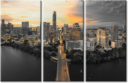 American Cityscape Modern Home Decor 3 Panels Austin Sunset Skyscrapers Natural Landscape Pictures Wall Art for Bedroom, Living Room, Office. Framed Ready to Hang (42" Wx28 H)