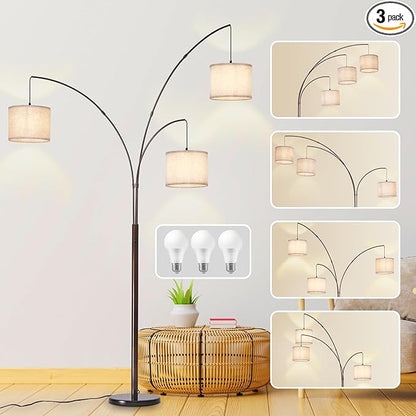 DLLT Modern Floor Lamp for Room: 3-Light Brown Tree Dimmable Floor Lamps with Beige Shades for Living Room - Arc Standing Lamp for Bedroom - Tall Floor Lamp for Office Corner 3 LED Bulbs Included
