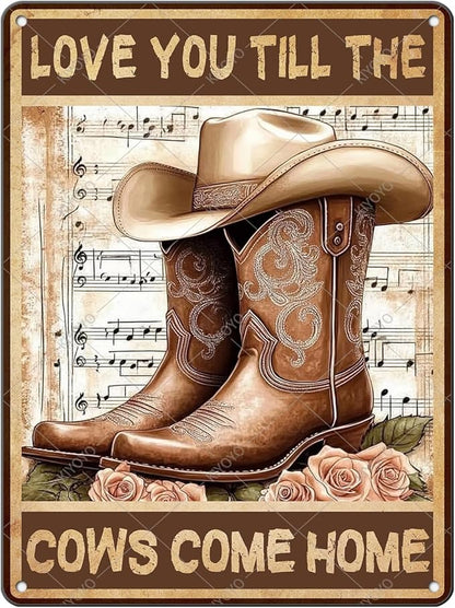 Vintage Flowers Cowgirl Boots Metal Tin Sign Love You Till The Cows Come Home Vintage Painting Tin Signs Retro Wall Poster for Home Office Cowboys Club Farm Decoration 16x12 Inch