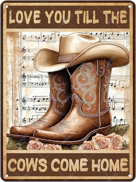 Vintage Flowers Cowgirl Boots Metal Tin Sign Love You Till The Cows Come Home Vintage Painting Tin Signs Retro Wall Poster for Home Office Cowboys Club Farm Decoration 16x12 Inch