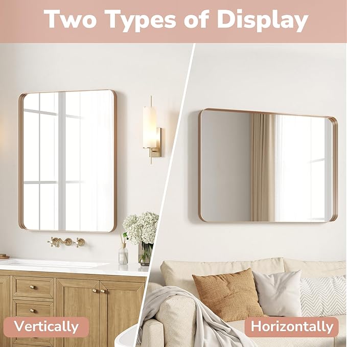 USHOWER Gold Bathroom Mirrors 24"x36" 2 Pack, Brushed Gold Rectangle Mirrors for Over Sink, Aluminum Frame, Anti-Rust, Tempered Glass, Horizontal or Vertical Mounted, Champagne Gold (Neutral Gold)