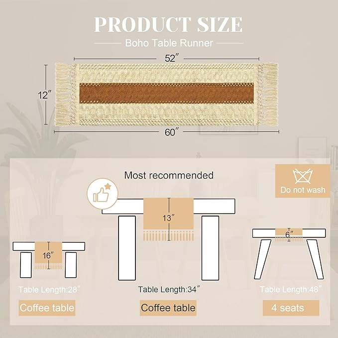 FEXIA Boho Table Runner 60 Inches Long Macrame Summer Decor Coffee Table Cover Farmhouse Stylewith Tassels for Party Bohemian Rustic Wedding Bridal Shower Dining Room Middle Brown (12x60 Inches)