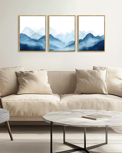 Drsoum Blue Fog Mountains Landscape Wall Art Framed Vintage Nature Misty Nordic Prints Ink Wash Watercolor Boho Farmhouse Rustic Artwork Hallway Bedroom Ready to Hang 12x16in Natural Framed