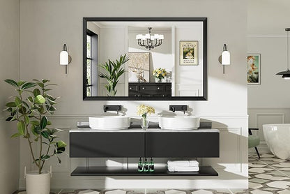 Briivue 60x40 Inch Black Bathroom Mirror for Wall, Thick Metal Framed Rectangle Mirrors for Over Sink, Bedroom, Living Room, Entryway, Anti-Rust, HD Tempered Glass