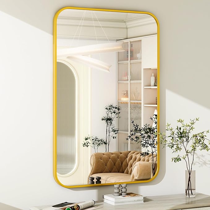 Easly 26 x 38 Inch Bathroom Mirror, Rounded Rectangular Vanity Mirror for Wall, Modern Mirror for Room Decor, Gold Framed Wall-Mounted Mirrors for Home Decor, Hangs Horizontally or Vertically