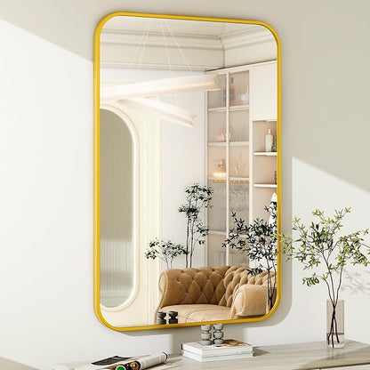 Easly 26 x 38 Inch Bathroom Mirror, Rounded Rectangular Vanity Mirror for Wall, Modern Mirror for Room Decor, Gold Framed Wall-Mounted Mirrors for Home Decor, Hangs Horizontally or Vertically