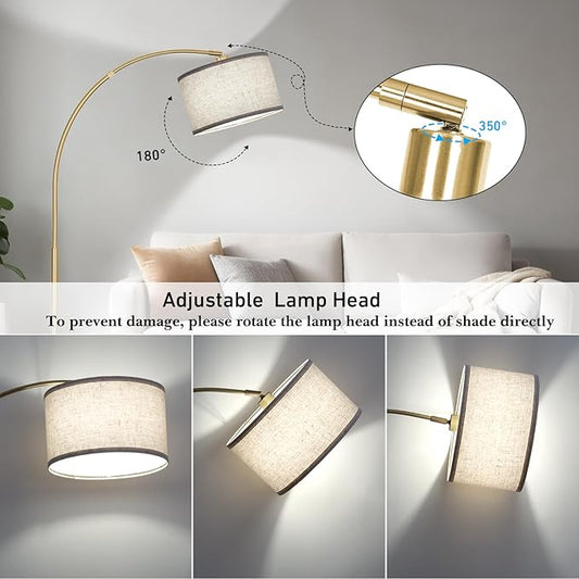 DWTB Gold Arc Floor Lamp for Living Room, Floor Lamp with Adjustable Drum Lampshade, Modern Tall Standing Lamp with Foot Switch, Over Couch Arched Pole Lamps for Reading Bedroom, 8W LED Bulb Included