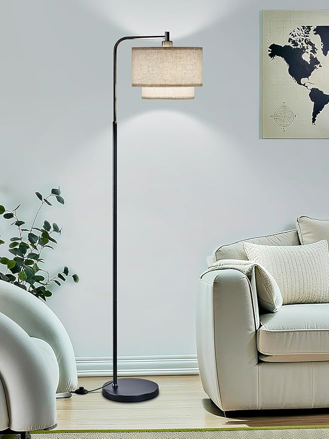 64" Modern Floor Lamp for Living Room Bedroom, Floor Lamp with 3 Color Temperatures, Standing Lamp with Double Oatmeal Linen Lampshade, Tall Lamp with A19 12W LED Bulb, Foot Switch Control, Black