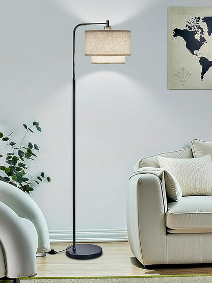 64" Modern Floor Lamp for Living Room Bedroom, Floor Lamp with 3 Color Temperatures, Standing Lamp with Double Oatmeal Linen Lampshade, Tall Lamp with A19 12W LED Bulb, Foot Switch Control, Black