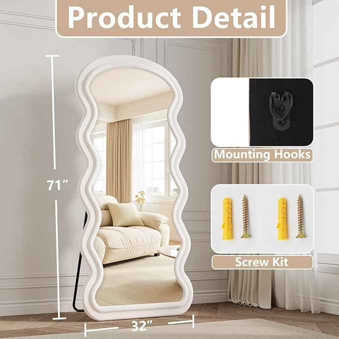 Wavy Full Length Mirror, 71"x32" Flannel Mirrors Full Length with Stand, Full Boby Mirrors for Bedroom, Living Room, Cloakroom, Hanging Leaning Wall Mirror, White