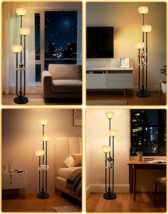 Black Floor Lamp Dimmable Modern Floor Lamps with Pumpkin Lampshade & Table, 3000K Soft Warm White Bulbs Included, 3-Light Tall Standing Lamp with 5Lbs Heavy Base for Living Room/Bedroom