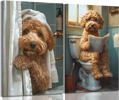 Yaneiro Funny Bathroom Canvas Wall Art-Set of 2 Poodle On Toilet Reading Newspaper Wall Decor Goldendoodle In Shower Humor Animal Poster Picture for Dog Lovers Restroom Ideas Decor 12x16 Inch Framed