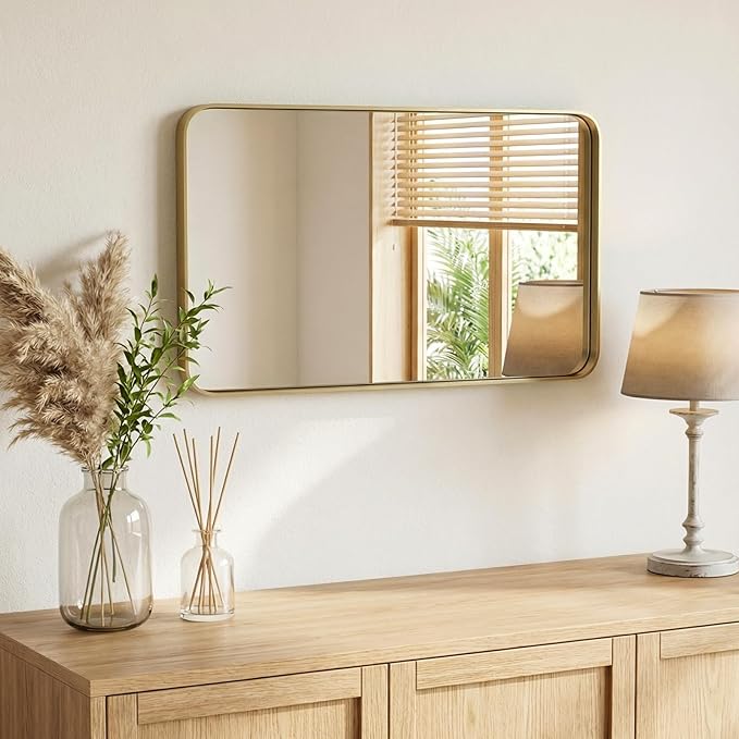 Sweetcrispy Bathroom Wall Mirror, 36x24 Inch Wall Mount Mirror for Over Sink, Modern Rounded Rectangle Vanity Mirror with Matte Metal Framed, for Home Decor, Living Room, Bedroom, Gold