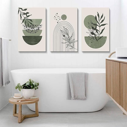 Sage Green Wall Posters & Prints, Green Boho Wall Art Set of 3, Minimalist Framed Wall Art Geometric Line Leaf Sun Moon Beige Green Canvas Artwork Paintings