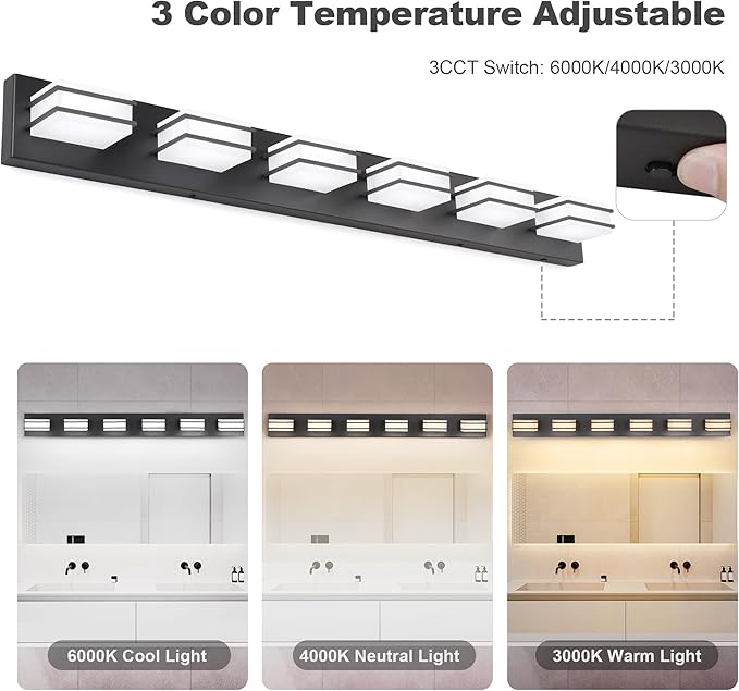 GOODATE 3 Color Temperature Dimmable Vanity Lights for Bathroom, Black 6 Light Vanity Light Fixtures, Acrylic Stainless Steel Square Shade Light Fixtures for Bathroom Above Mirror, ETL Certificated