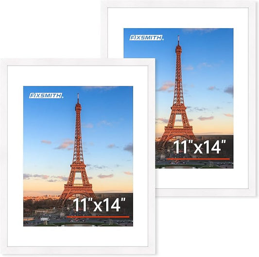 FIXSMITH 11x14 Picture Frame Set of 2, Photo Frame with HD Plexiglass, Display Pictures 8x10 with Mat or 11x14 Without Mat, White Picture Frames Collage Wall Decor, Gallery Wall Frame