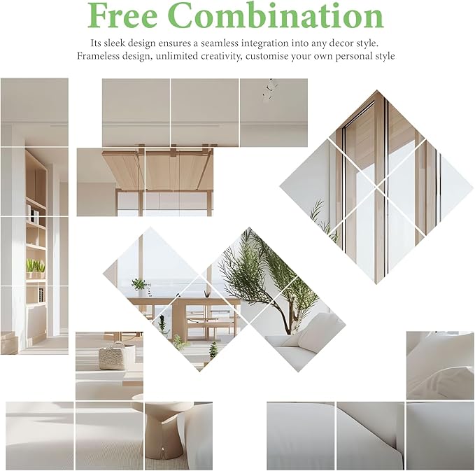 6Pcs Glass Wall Mirror Tiles 6 x 6 x 0.08'' Thick Square Mirror Sheets with Adhesive Stickers for Home Gym, Bedroom, Door, Bathroom, Entryway, Wall Decor