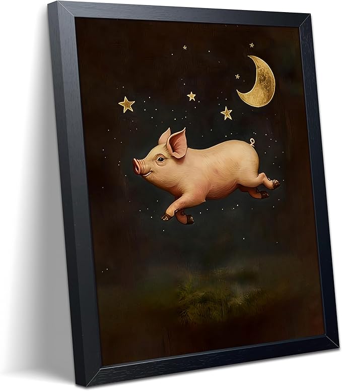 Funny Pig Canvas Wall Art, Vintage Fantasy Pig Under Moon and Stars Print Poster, Whimsical Animal Wall Decor Painting for Bedroom Living Room Bathroom Kids Room Decor 8x10 Inch Framed