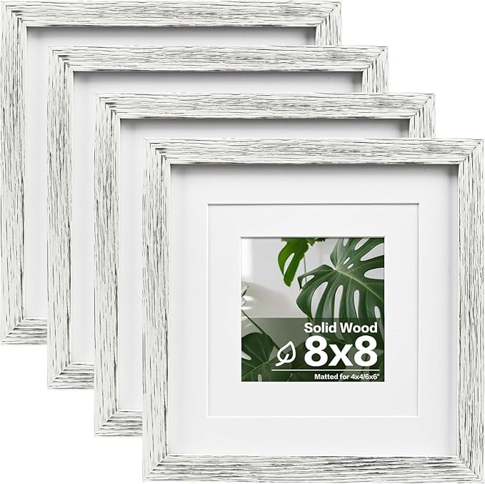 Egofine 8x8 Picture Frame Made of Solid Wood with Plexiglass, Display Pictures 4x4/6x6 with Mat or 8x8 Without Mat Set of 4 for Tabletop and Wall Mounting, Driftwood White